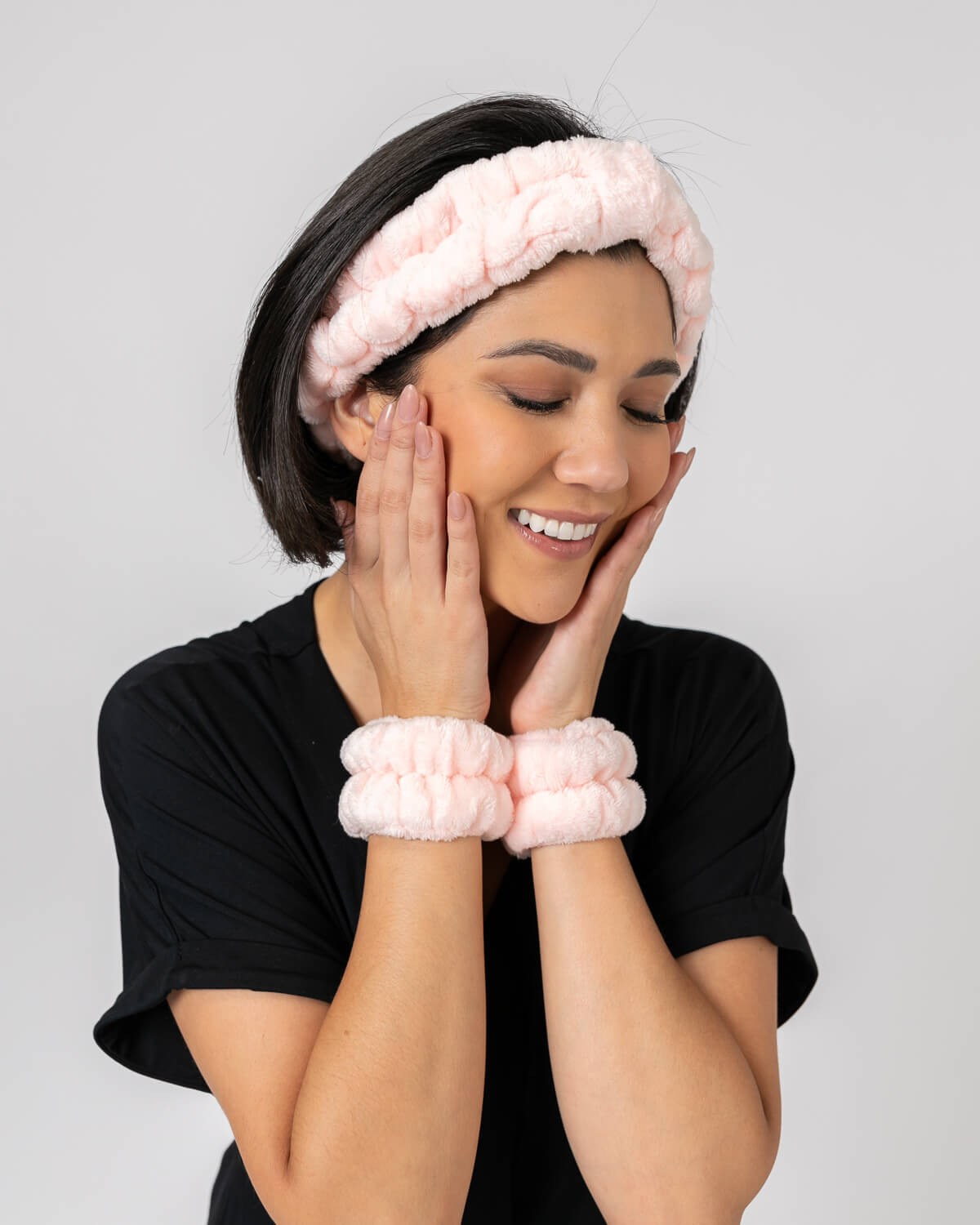 Plush Terry Cloth Pink Headband and Wristband Face Washing Set